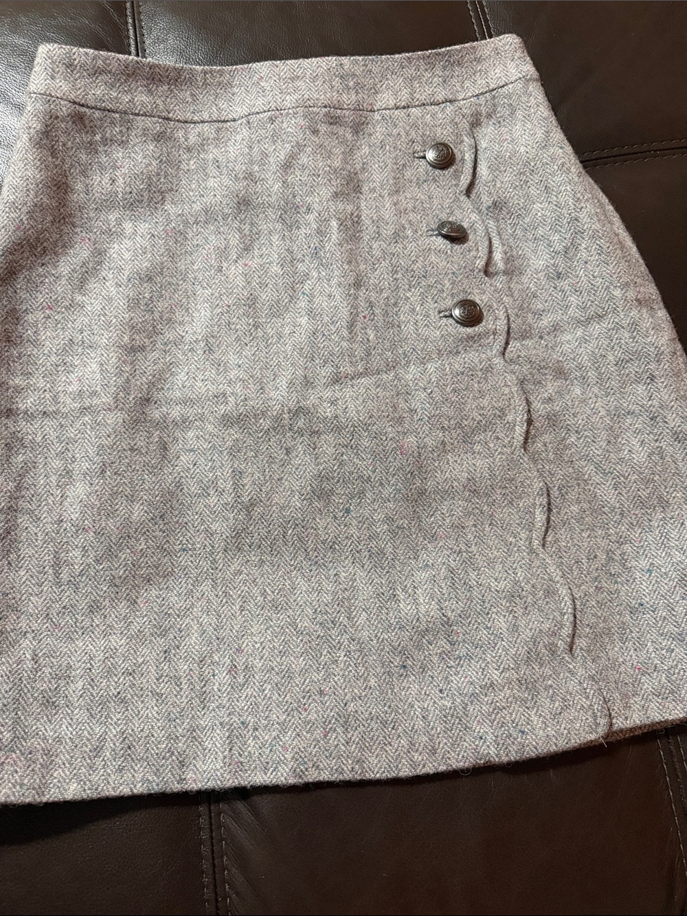 Talbots Gray Herringbone Mini Skirt with Button Accent